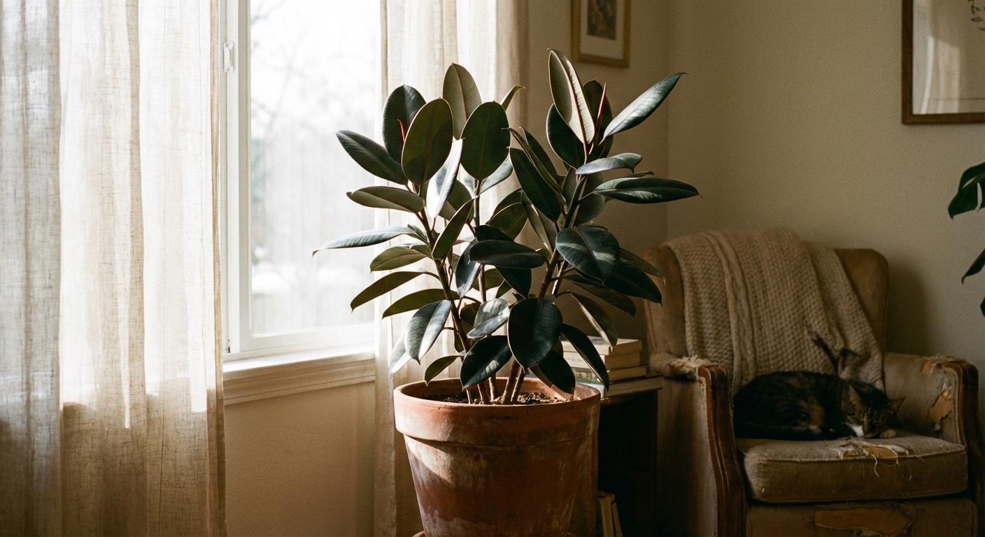 A rubber plant in a terracotta pot placed a few feet from a bright window with a sheer curtain, soft indirect sunlight falling across the glossy leaves, cozy indoor home scene