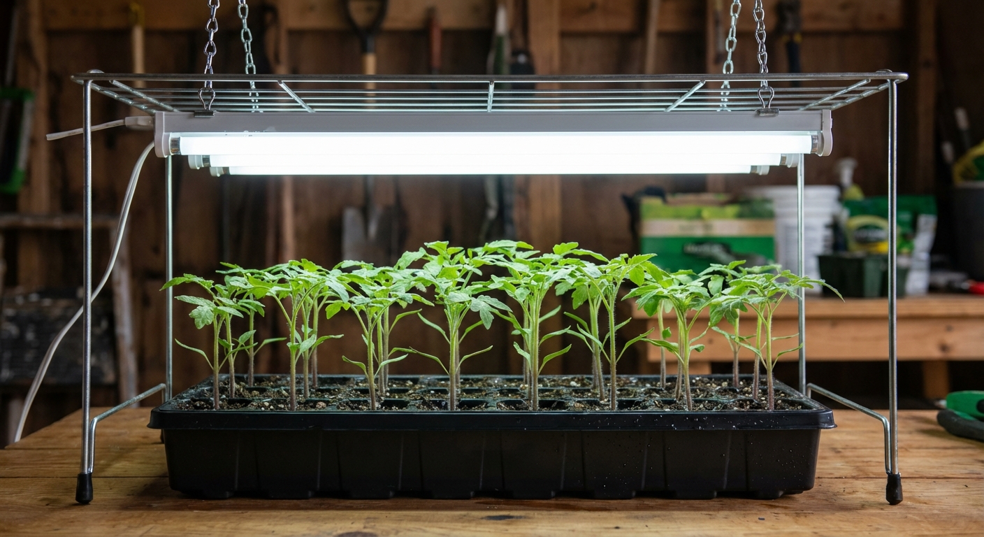 A seedling tray with young tomato seedlings growing upright under a bright LED shop light, the light hanging from chains above a simple wire rack, photorealistic