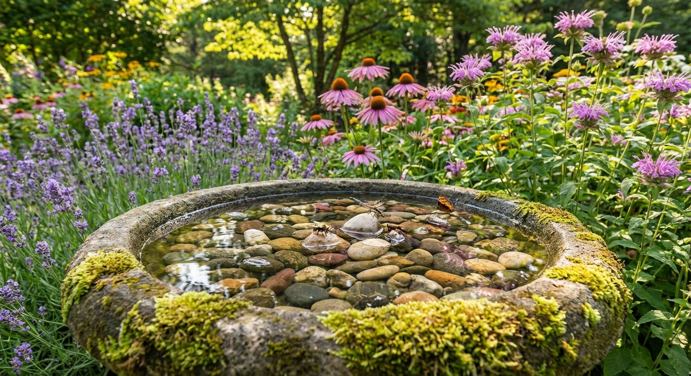 A shallow stone birdbath in a flower garden with pebbles for pollinators to land on