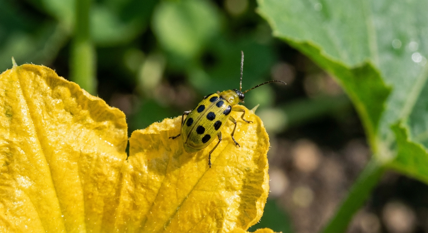 A sharp macro-style real photograph of a spotted cucumber beetle with black spots on a yellow-green back resting on a cucurbit flower petal in a backyard garden