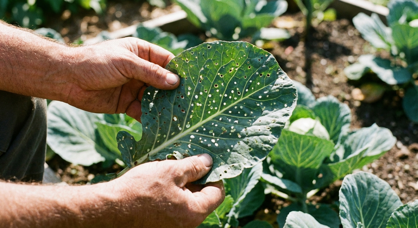 A sharp, natural-light photo of a gardener holding a brassica leaf with many tiny round shotholes, the garden bed softly blurred in the background