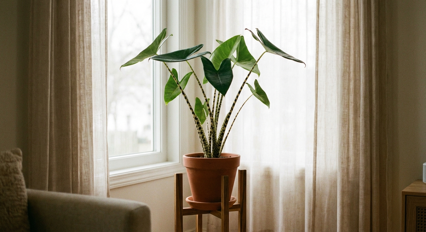 A single Alocasia zebrina in a pot indoors with striped stems clearly visible, positioned near a bright window with soft indirect light, photorealistic