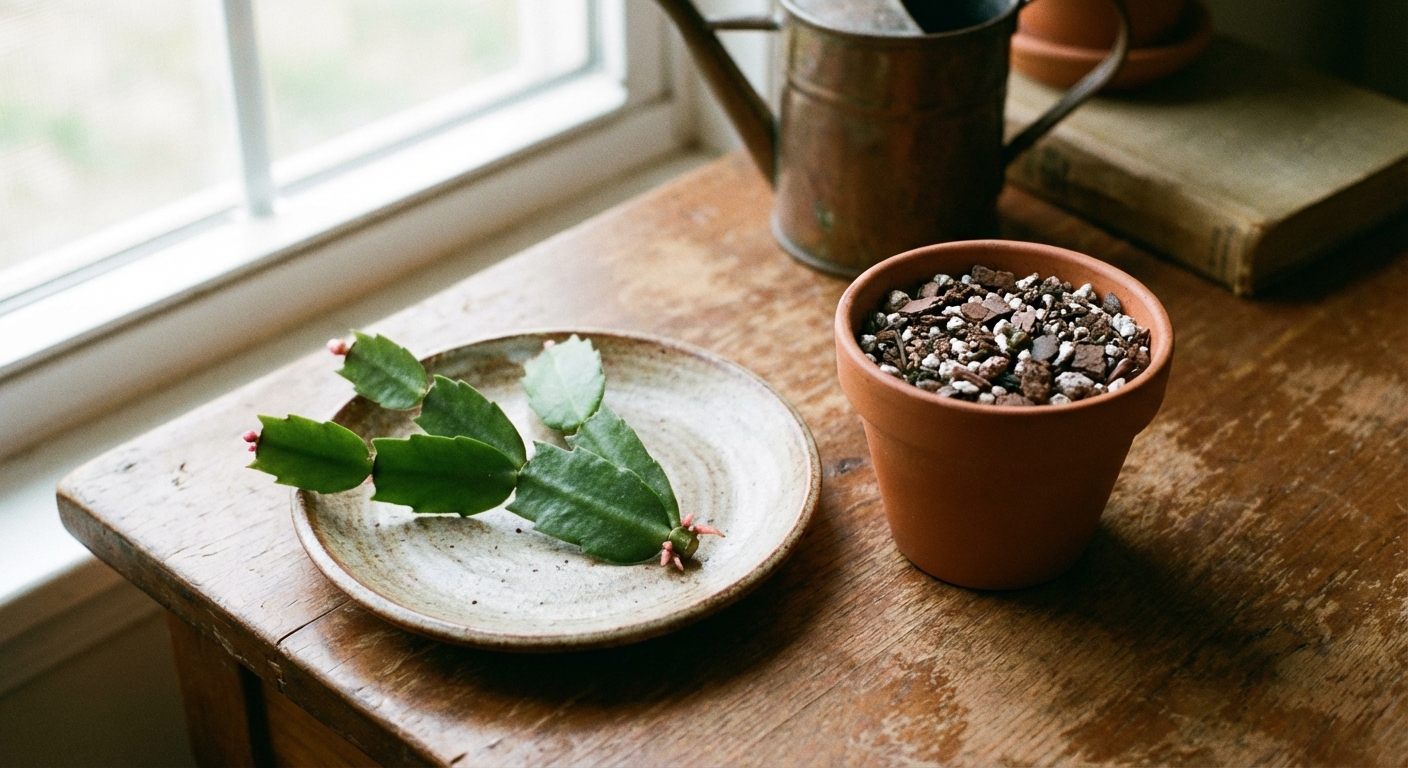 A single Christmas cactus cutting with three segments resting on a small ceramic plate beside a small pot filled with chunky potting mix, indoor tabletop, natural light