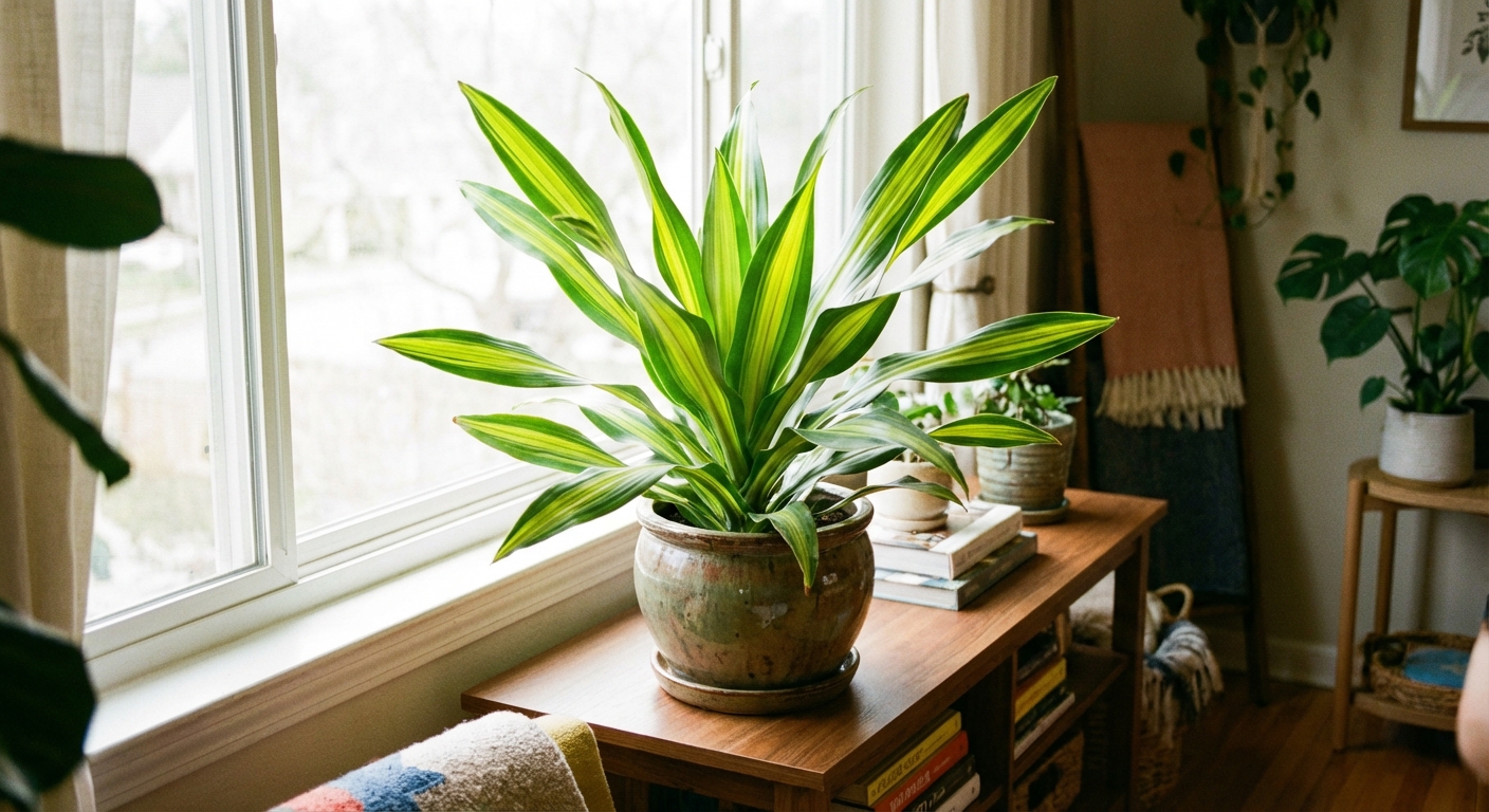 A single Dracaena ‘Lemon Lime’ plant in a ceramic pot indoors, showing vivid green and yellow striped leaves, photographed in soft natural light