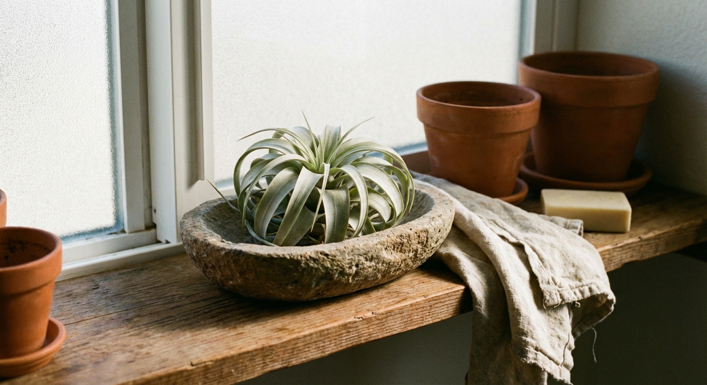 A single air plant sitting in a small stone dish on a bathroom shelf with soft natural light