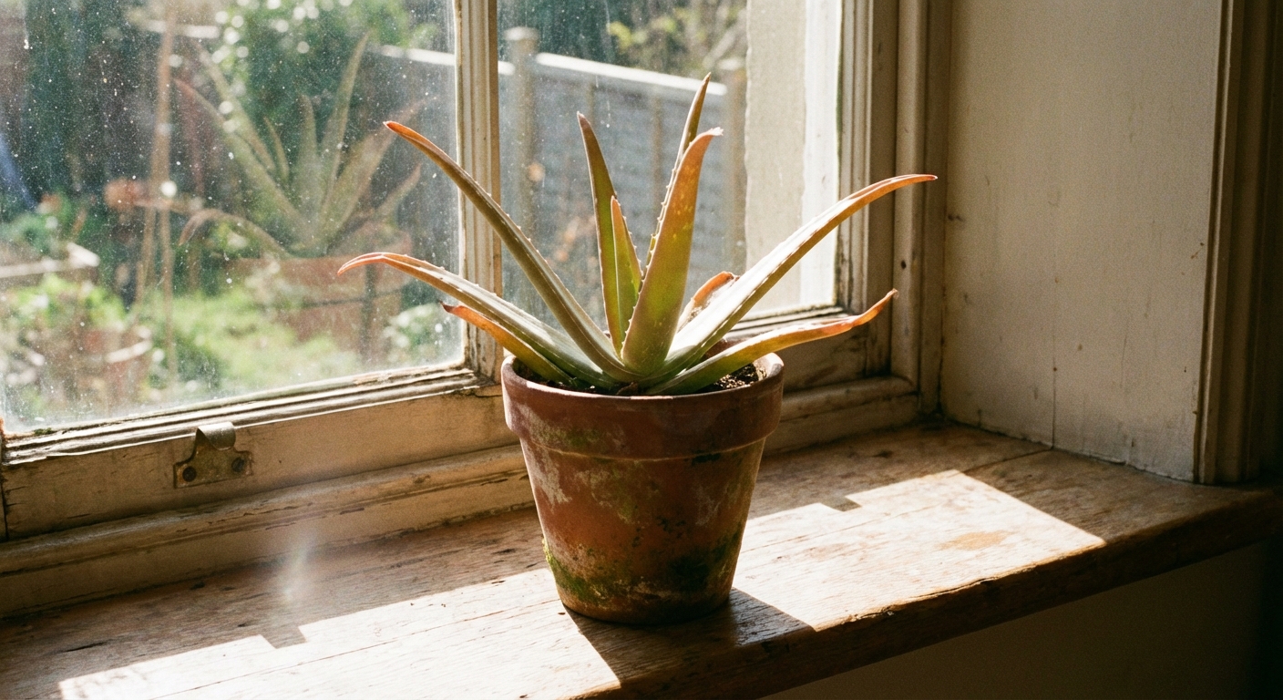 A single aloe vera plant in a terracotta pot on a sunny windowsill with strong natural light, photorealistic