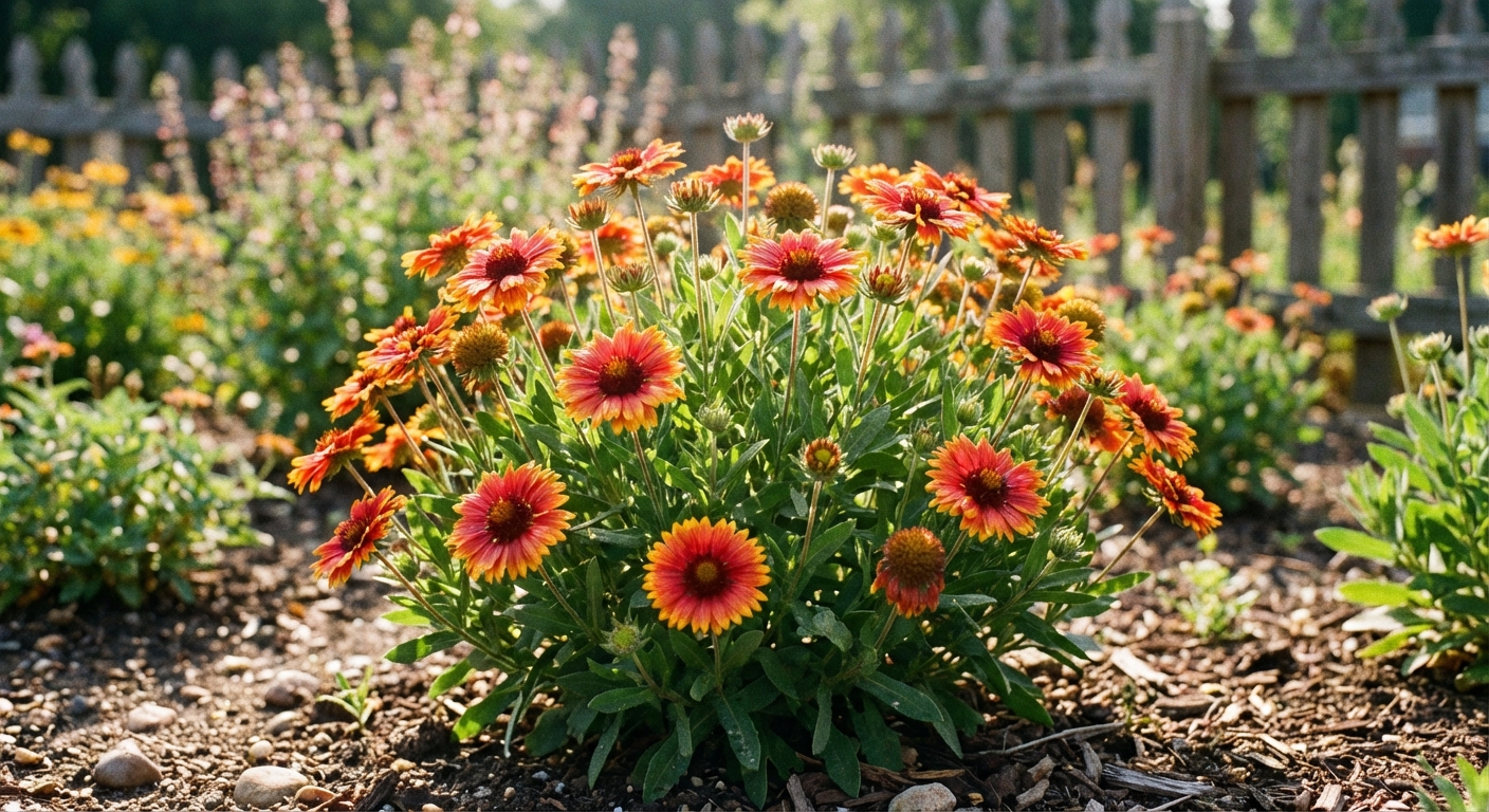 A single blanket flower plant blooming with red and yellow daisy-like flowers in a sunny garden bed, shallow depth of field, photorealistic