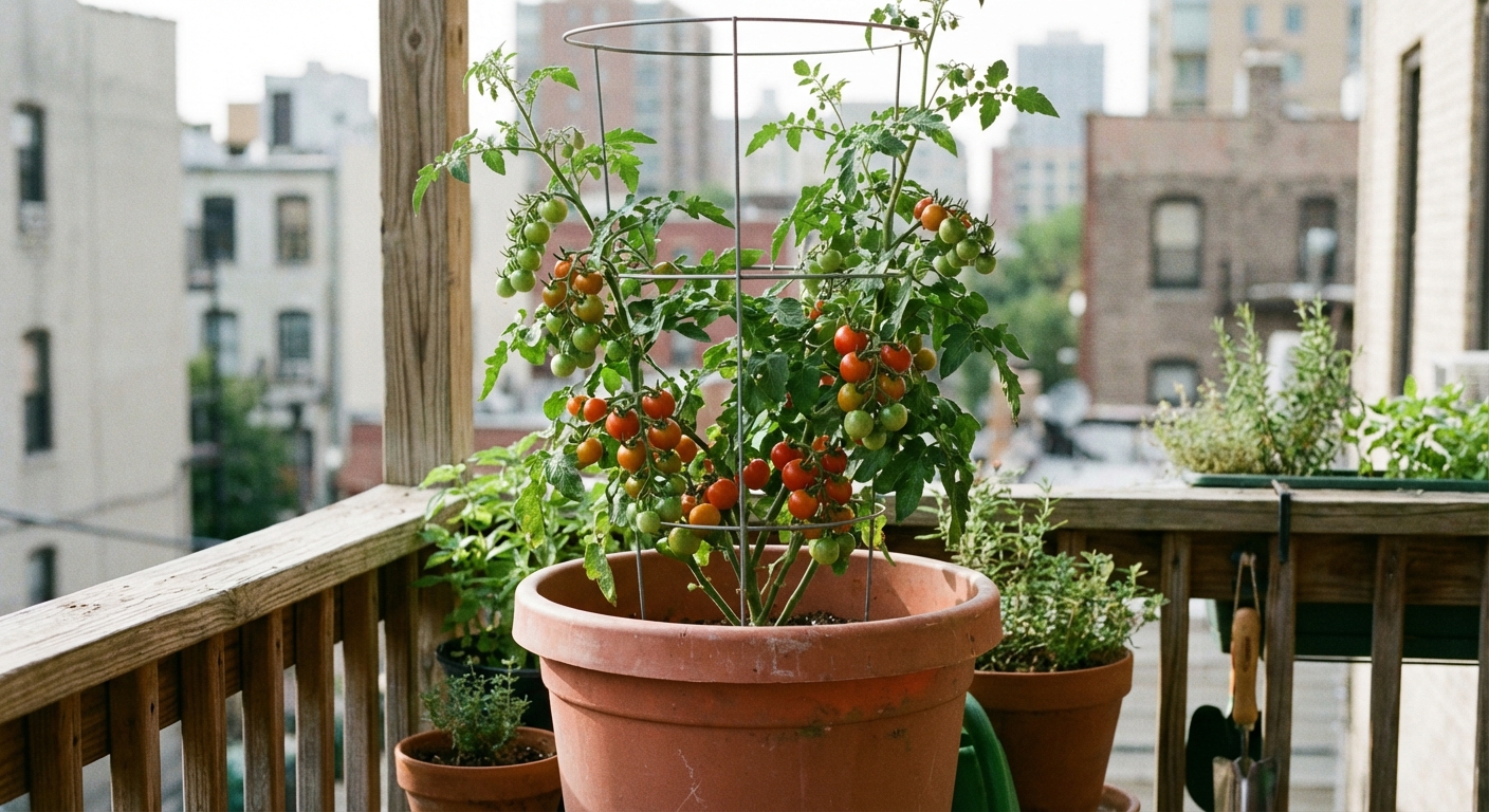 A single cherry tomato plant in a large round plastic pot on a balcony, supported by a tall tomato cage, with clusters of green and red cherry tomatoes, city buildings softly blurred in the background, photorealistic