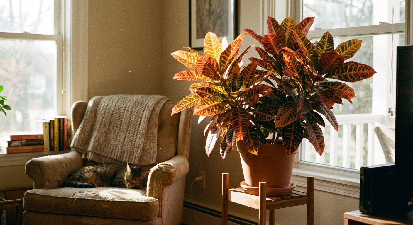 A single croton plant placed near a sunny living room window with soft sunlight hitting the leaves, cozy home interior, realistic photography