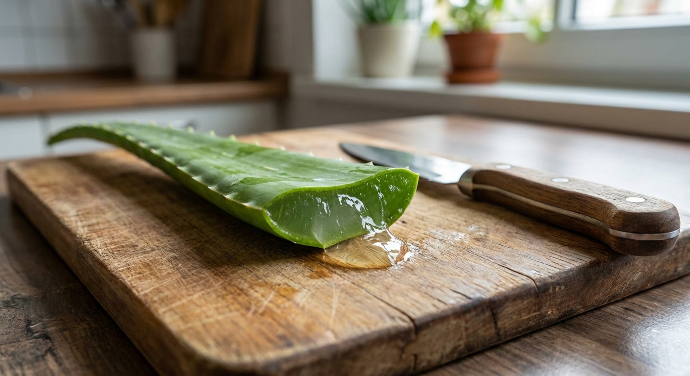 A single freshly cut aloe vera leaf on a wooden cutting board with clear gel visible inside, a kitchen knife nearby, natural window light, realistic photography
