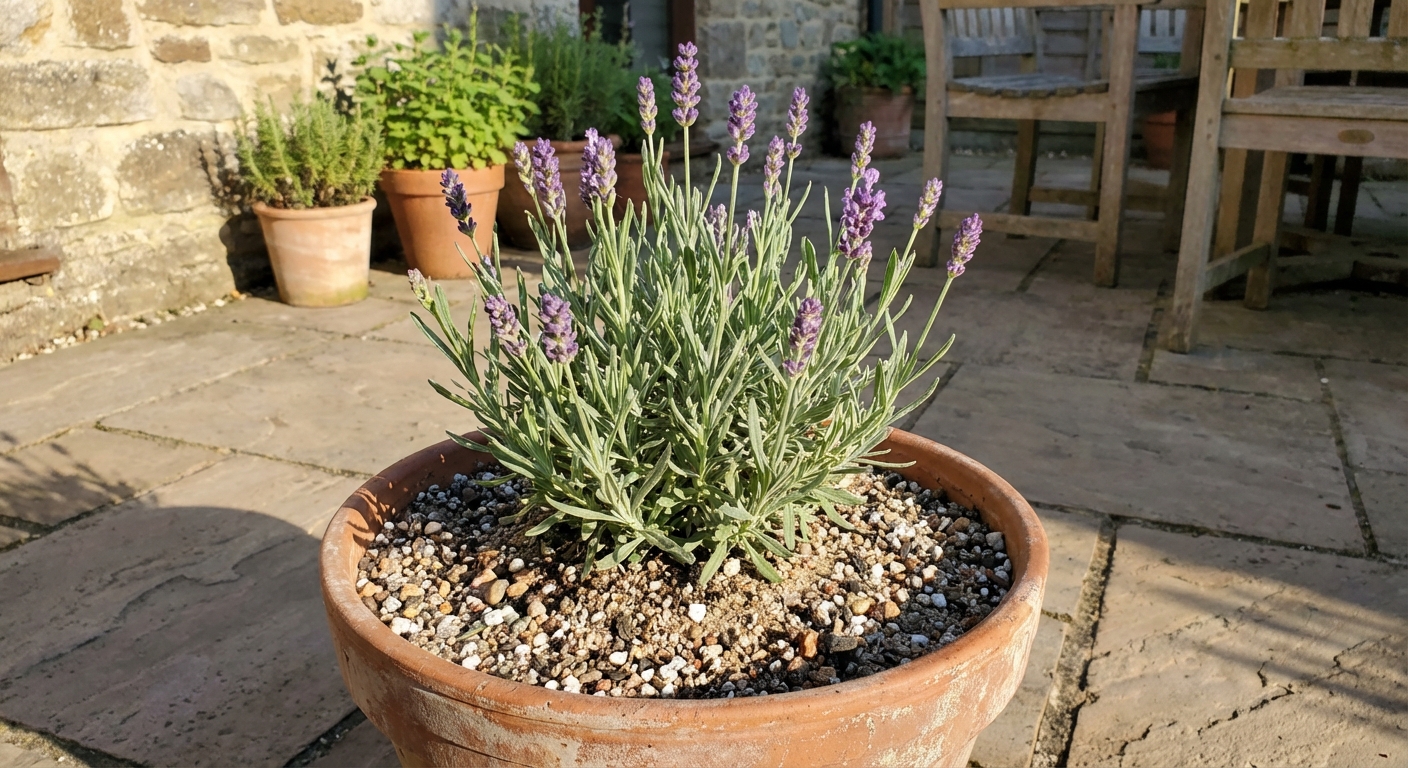 A single lavender plant growing in a terracotta pot on a sunny patio, with well-draining gritty soil visible and purple blooms starting to open