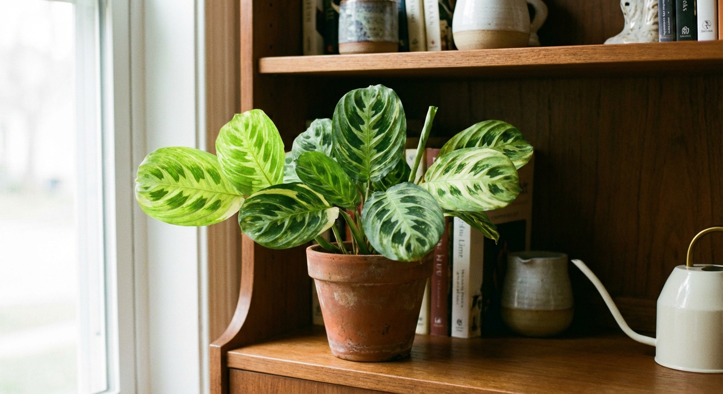 A single lemon lime prayer plant (Maranta leuconeura) in a small terracotta pot on an indoor shelf, showing bright lime green patterned leaves in soft indirect window light, photorealistic