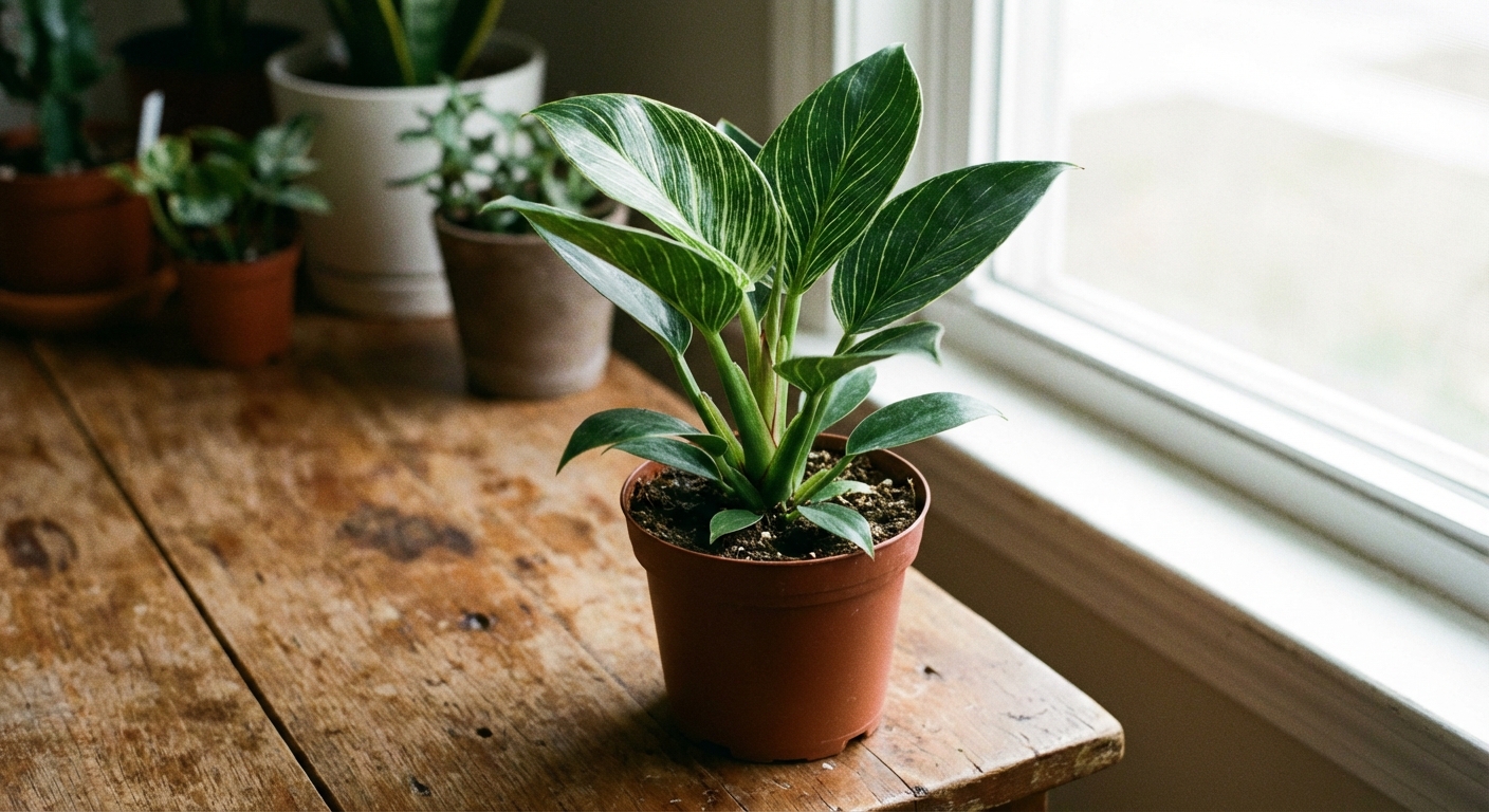 A single real photograph of a Philodendron Birkin in a nursery pot on a wooden table indoors, upright glossy leaves with thin creamy white pinstripes, softly lit by a nearby window