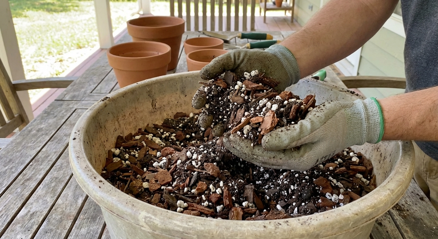 A single real photograph of a gardener's hands holding a chunky aroid potting mix with orchid bark, perlite, and dark potting soil in a large mixing tub, indoor potting setup on a patio table