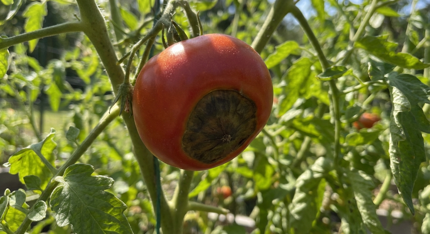 A single ripe tomato still on the vine showing blossom end rot with a dark sunken patch on the bottom, close-up outdoor photo with leaves softly out of focus, photorealistic
