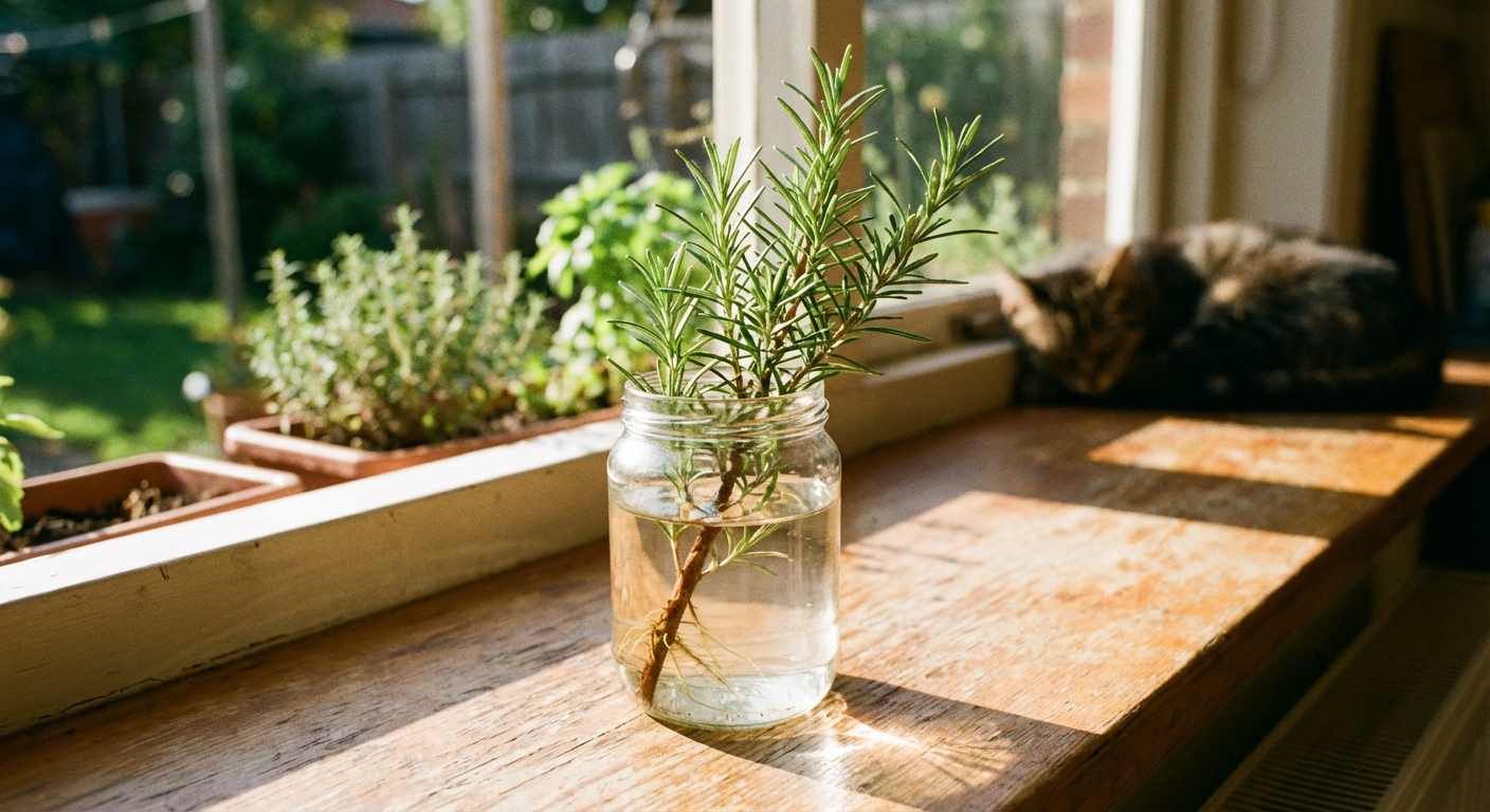 A single rosemary cutting standing in a clear glass jar filled with water on a sunny kitchen windowsill, soft natural light, photorealistic