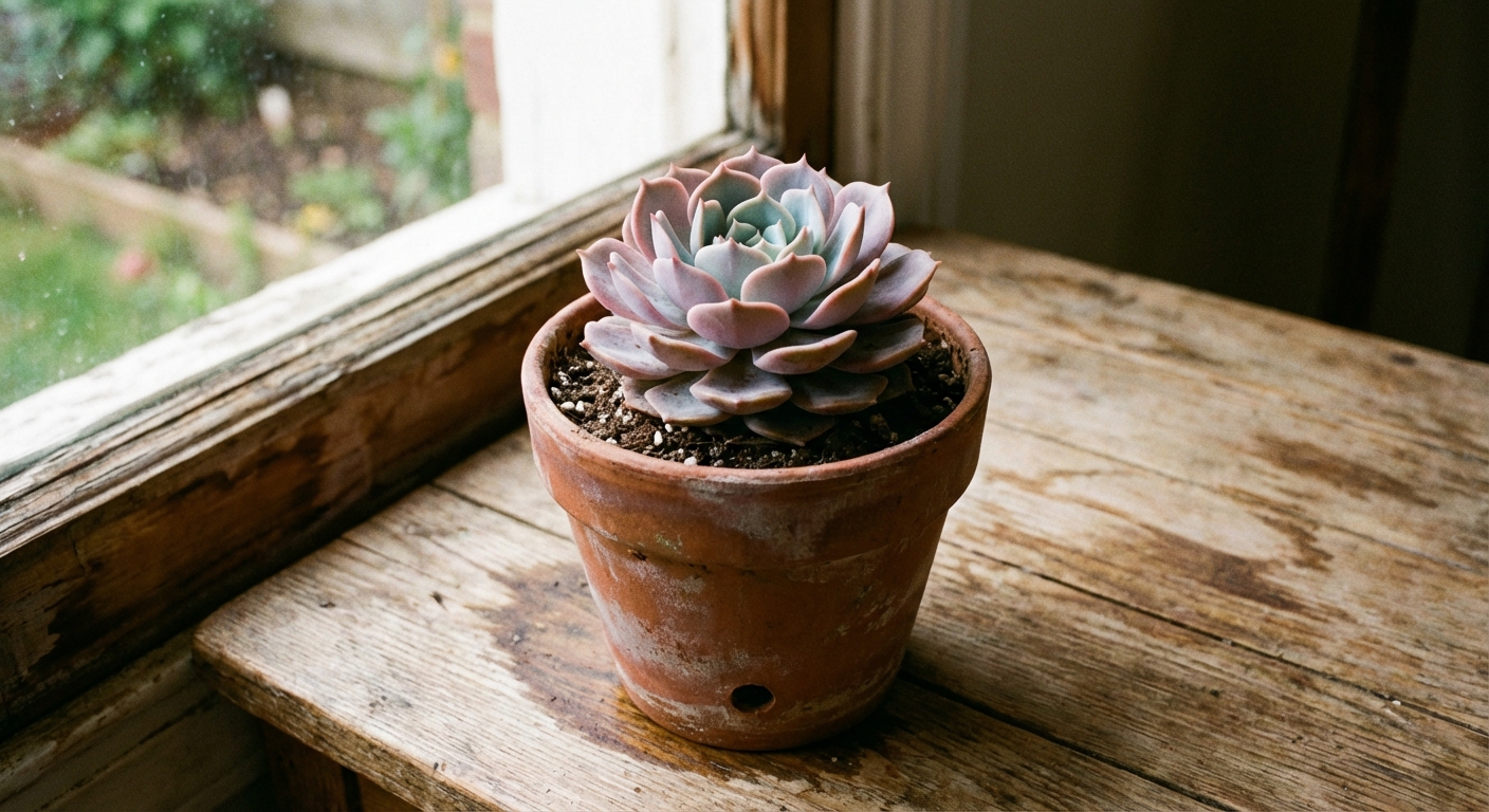 A single rosette succulent planted in a small terracotta pot with visible drainage hole, sitting on a wooden table near a window, photorealistic
