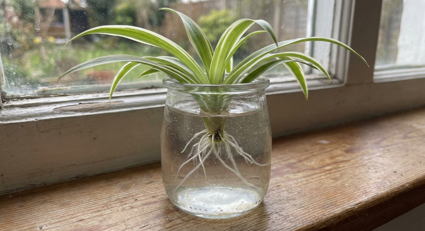 A single spider plant baby rooted in a small clear glass jar of water on a windowsill, tiny white roots visible, soft natural light, photorealistic