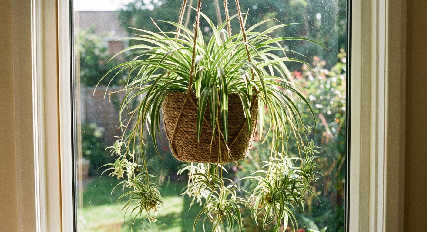 A single spider plant in a hanging basket with several long stems holding baby spiderettes