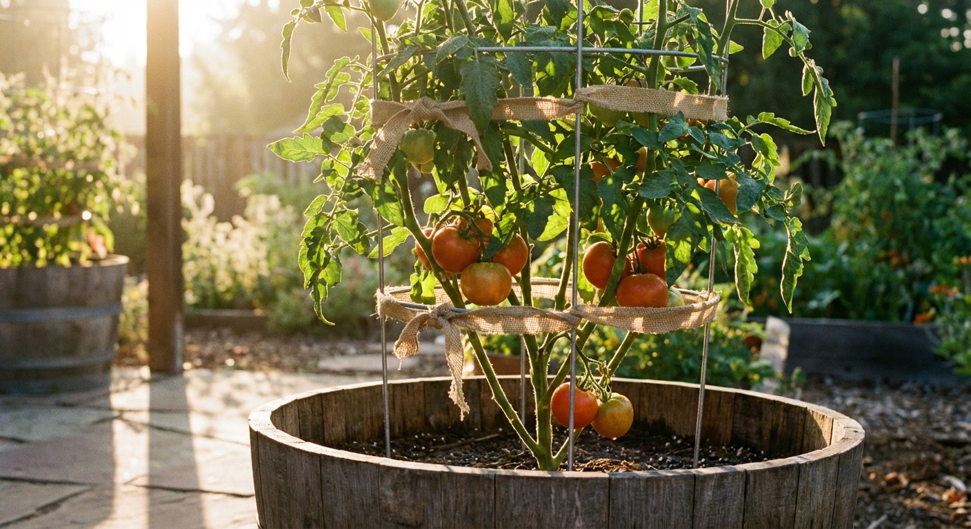 A single tomato plant in a large container with a sturdy metal tomato cage installed at planting time, soft fabric ties securing the stem, bright morning light, photorealistic