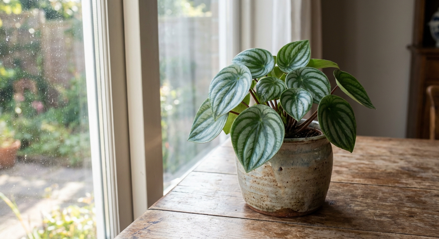 A single watermelon peperomia in a simple ceramic pot on a wooden table near a window, showing crisp silver and green striped leaves in natural daylight, photorealistic