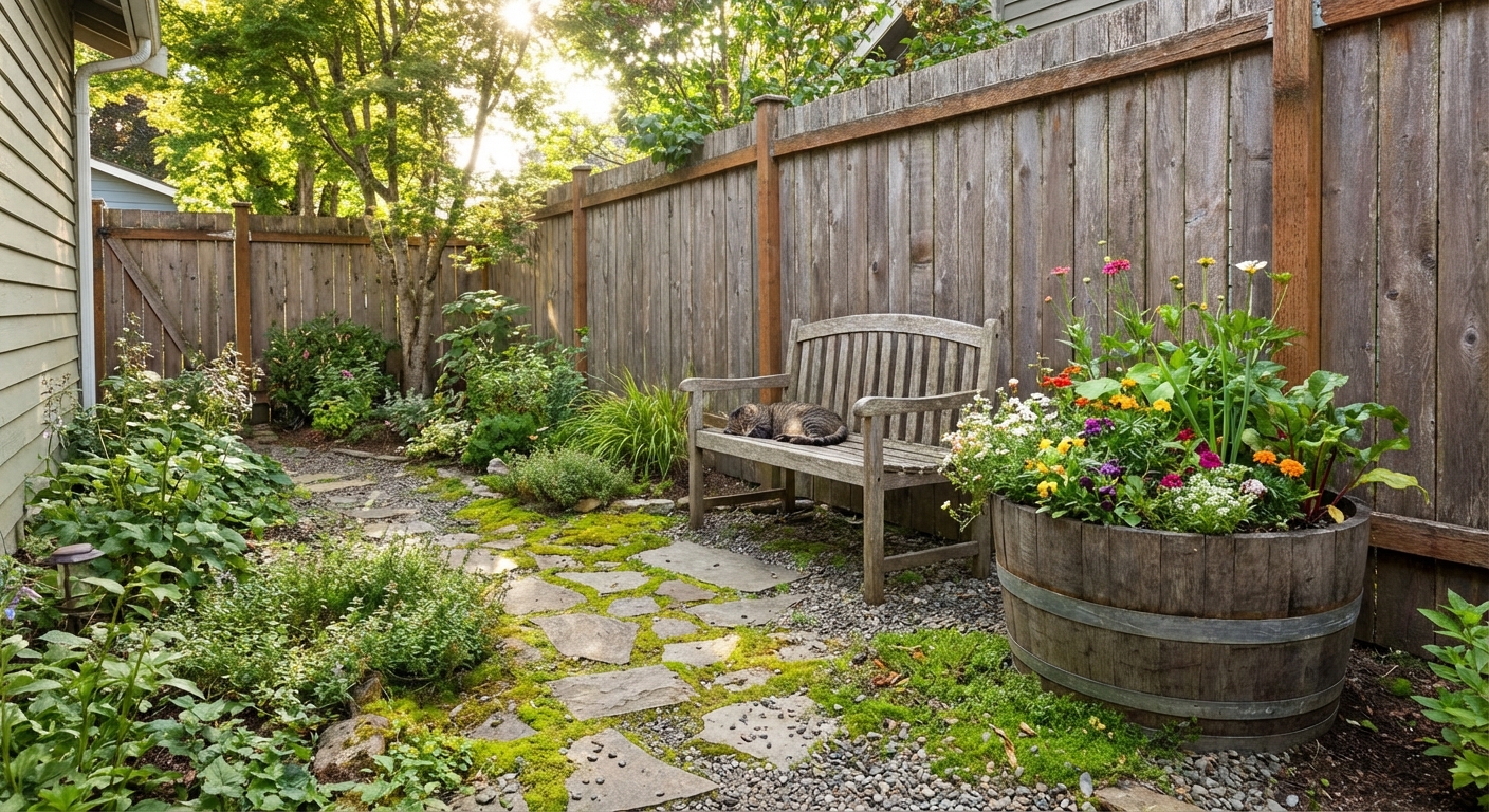 A small backyard with a narrow path leading to a simple wooden bench and one large planter at the back fence