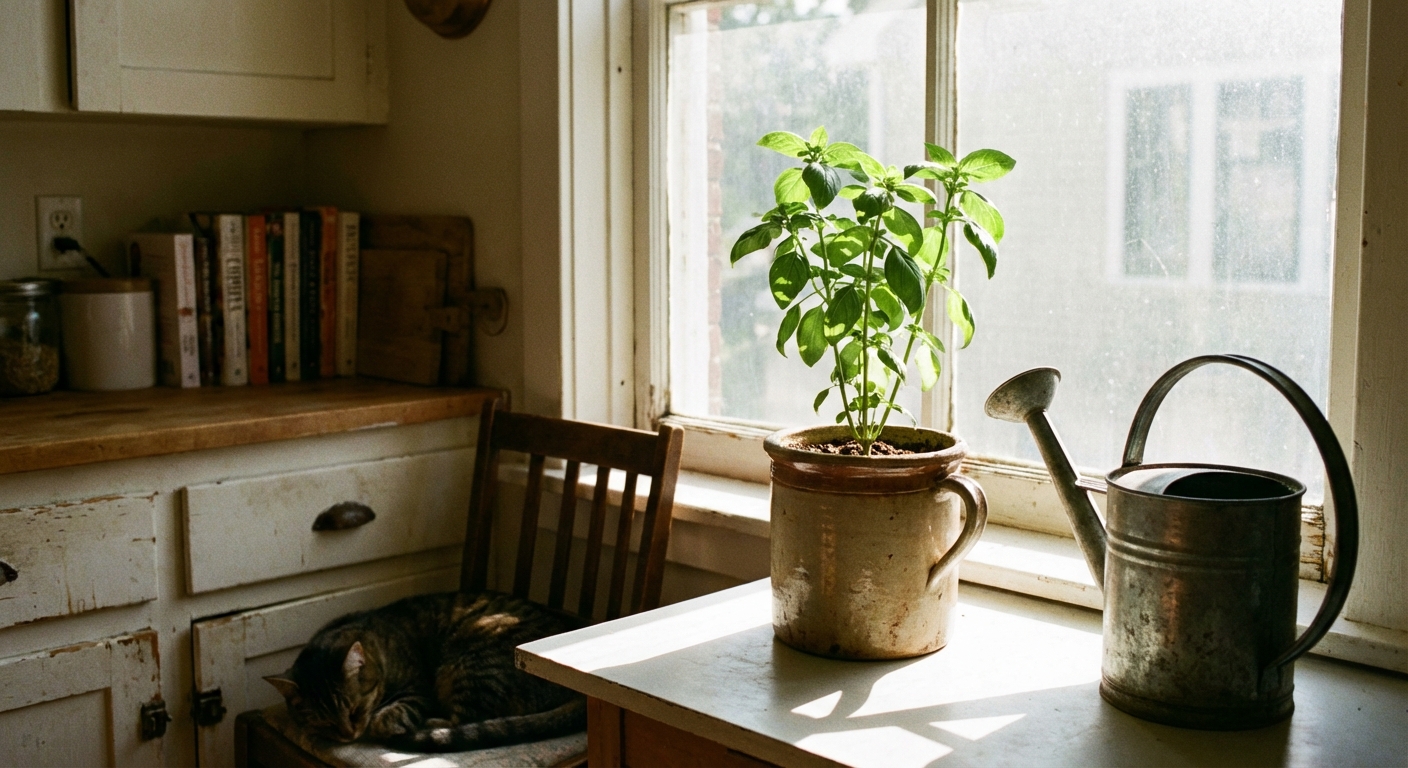 A small basil plant in a ceramic pot on a bright kitchen windowsill with morning sunlight, a watering can nearby, cozy home atmosphere, realistic photography