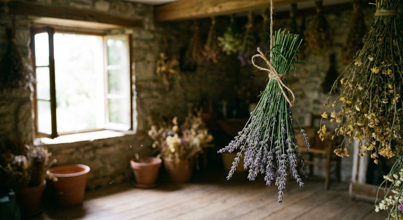 A small bundle of fresh lavender stems tied with twine and hanging upside down to dry in a shaded, airy room, with soft natural window light