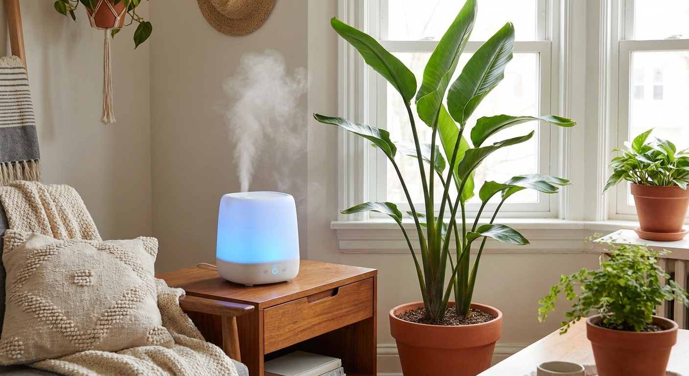 A small cool-mist humidifier running next to a large Bird of Paradise plant in a bright room, soft mist visible in the air, photorealistic lifestyle photo