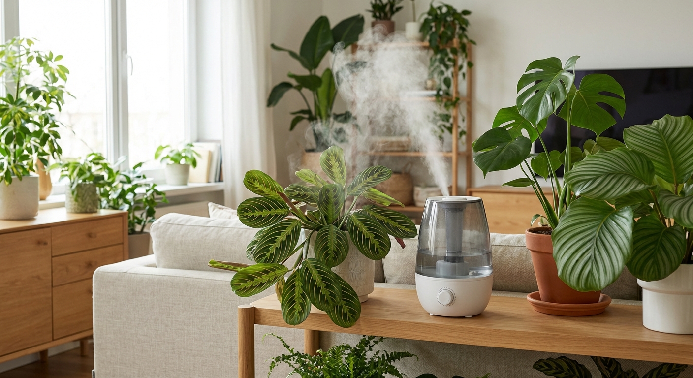 A small cool mist humidifier running on a plant shelf beside several tropical houseplants, including a prayer plant, in a bright living room with natural light, photorealistic