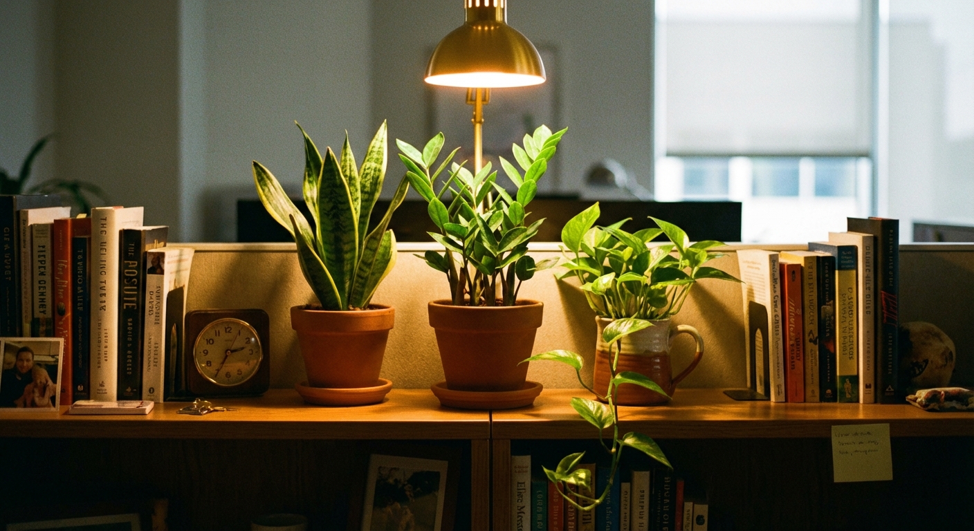 A small group of low-light plants on an office shelf under warm overhead lighting