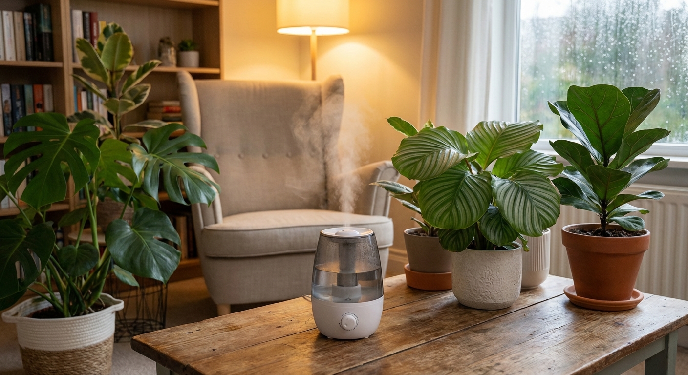 A small humidifier running on a wooden table beside several tropical houseplants in a cozy room