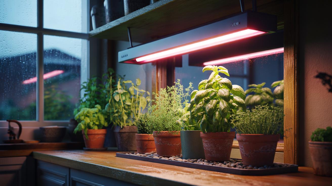 A small indoor herb shelf with an LED grow light above potted basil and thyme