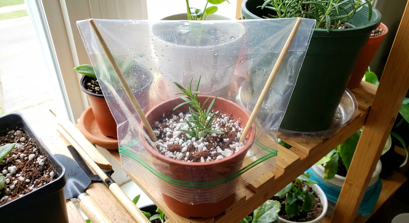 A small nursery pot filled with perlite and coco coir mix with a rosemary cutting inserted, covered by a clear plastic bag tented with chopsticks, on a bright indoor shelf, photorealistic