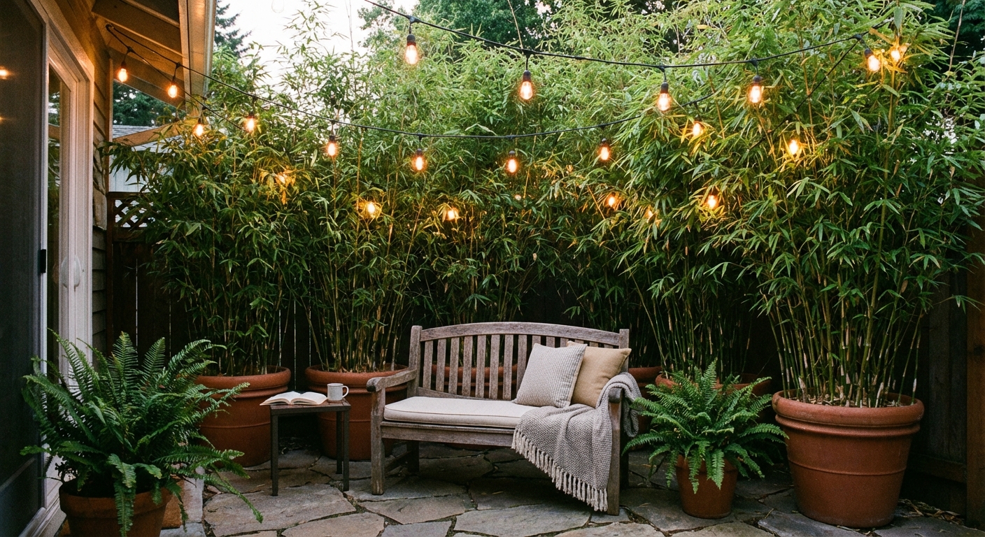 A small patio corner with a wooden bench, a tall planter screen of clumping bamboo, and soft string lights above