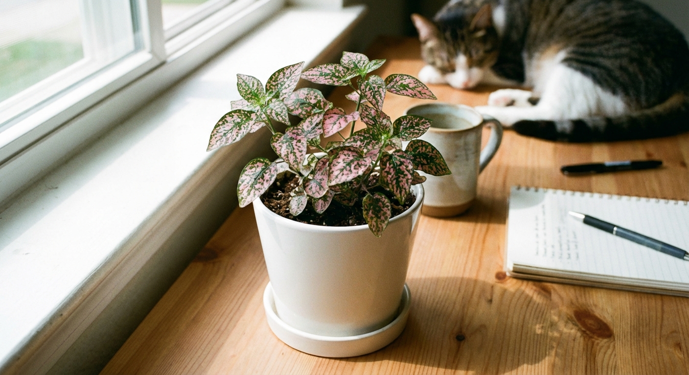 A small polka dot plant with pink-speckled leaves in a white pot on a desk