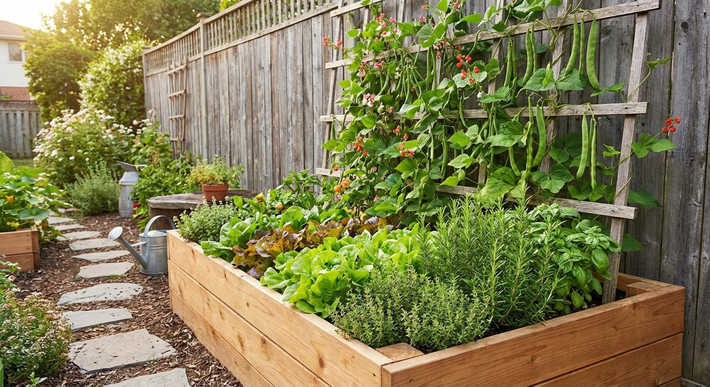 A small raised bed garden with lettuce and herbs in the foreground and a trellis of climbing beans along a fence
