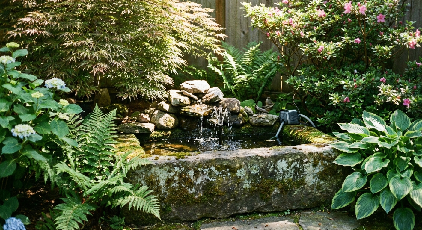 A small recirculating fountain in a stone basin set in a garden corner with dappled shade from nearby shrubs