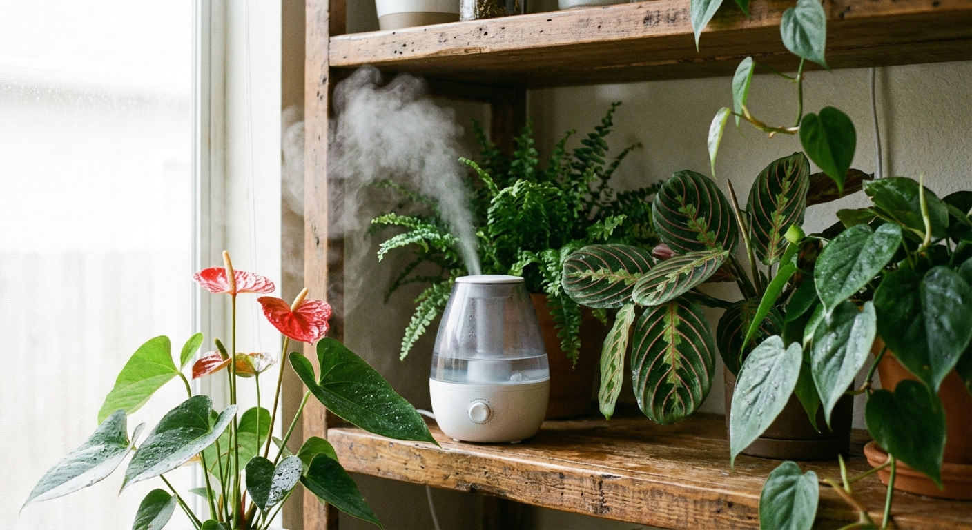 A small room humidifier running next to an anthurium and other tropical houseplants on a wooden shelf, soft natural light, visible gentle mist, photorealistic