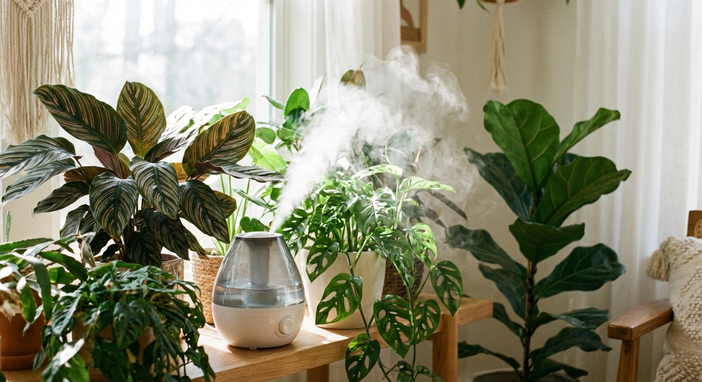 A small ultrasonic humidifier running beside a cluster of tropical houseplants including a calathea in a bright room, gentle mist visible, realistic indoor photo
