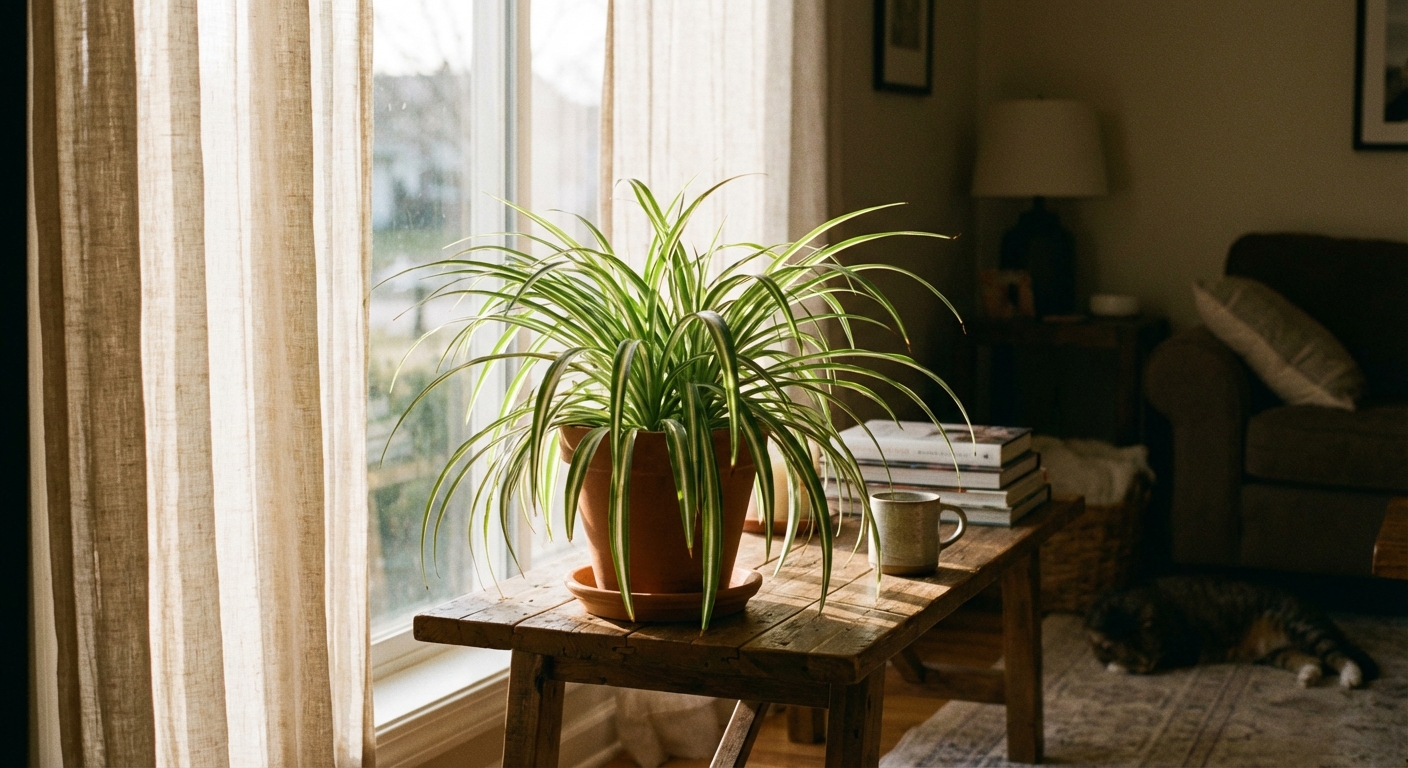 A spider plant sitting on a table beside a bright window with sheer curtains, indirect sunlight illuminating the arching leaves, cozy indoor home setting, photorealistic