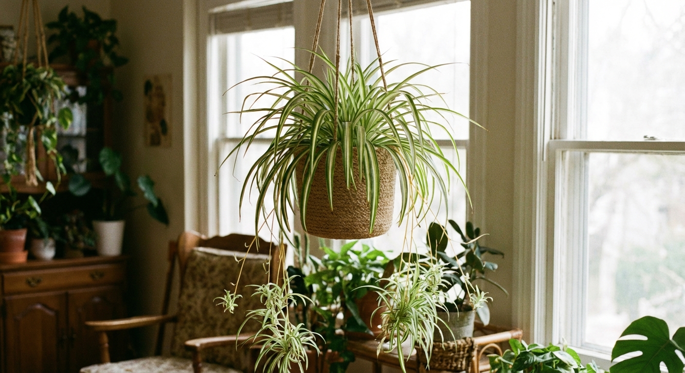 A spider plant with arching variegated leaves and a few hanging plantlets in a hanging pot, bright indirect window light, photorealistic