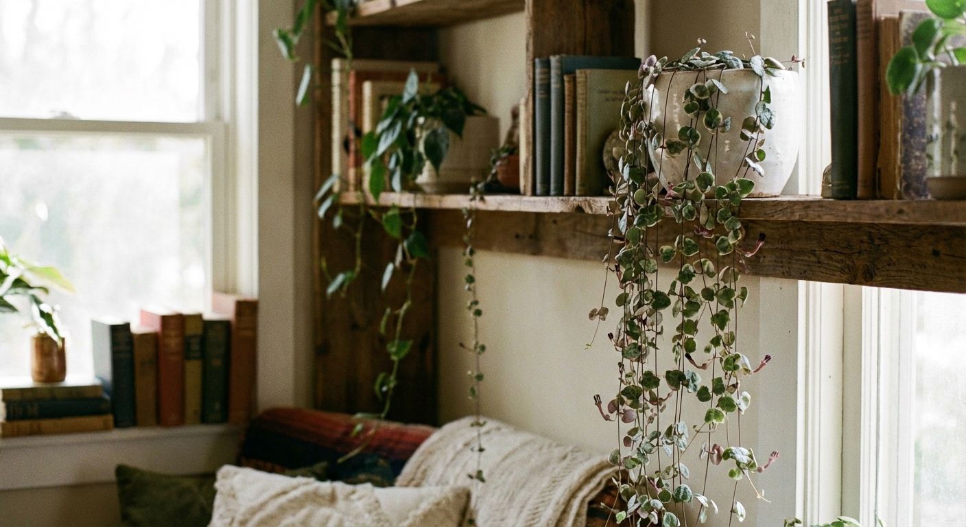 A string of hearts plant trailing from a white ceramic pot on a high shelf with soft window light