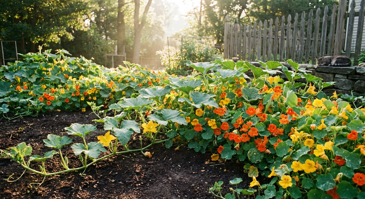 A sunlit backyard garden photo with bright orange and yellow nasturtium flowers growing next to sprawling squash vines, with rich soil and soft morning light