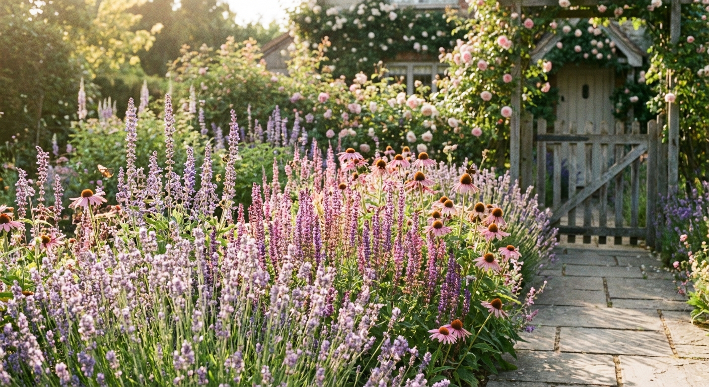 A sunny front yard bed filled with lavender, salvia, and coneflowers in soft purple and pink tones