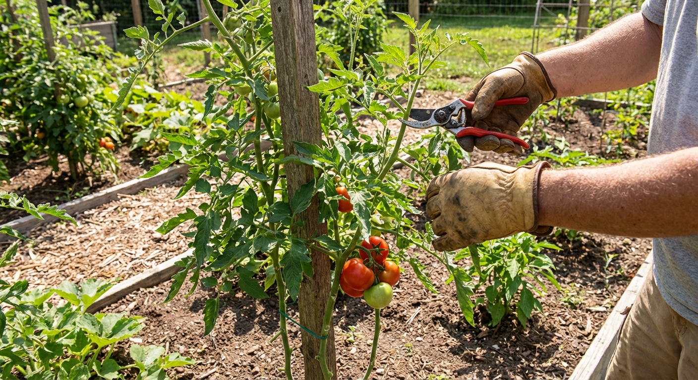 A tomato plant tied to a vertical stake with pruned lower leaves and a gardener holding pruners near the upper growing tip