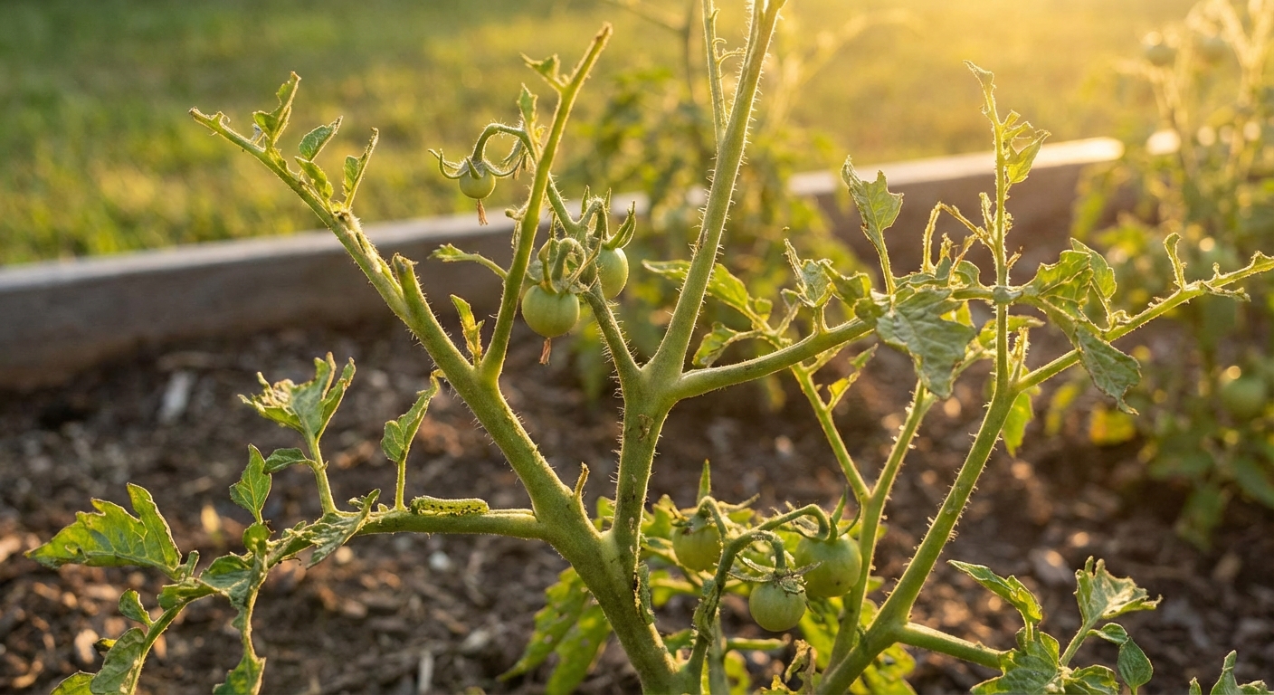 A tomato plant with multiple missing leaves and ragged chewed stems, with several partially eaten tomato leaf clusters visible in late afternoon sunlight