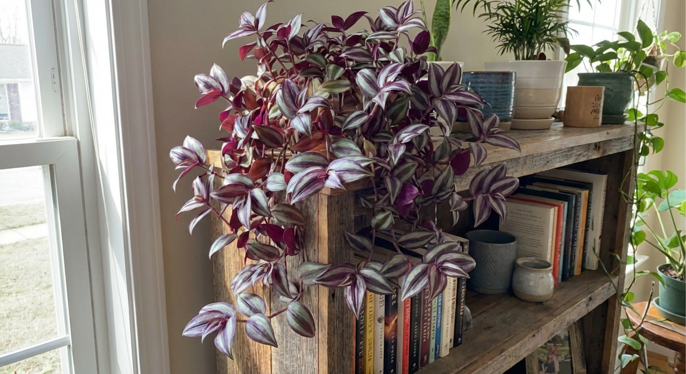 A tradescantia zebrina trailing over the edge of a shelf with purple and silver leaves