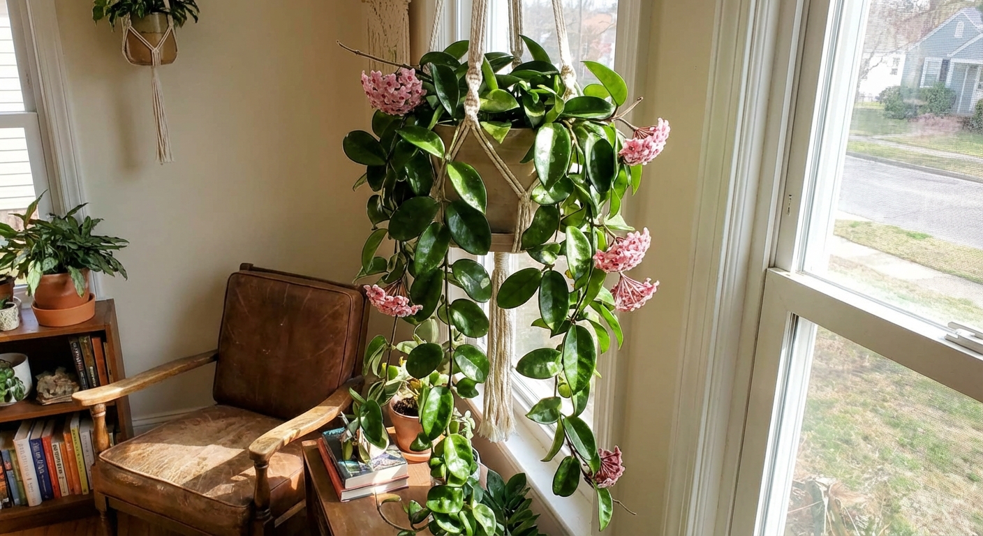 A trailing hoya carnosa vine with thick glossy leaves hanging in a bright indoor corner