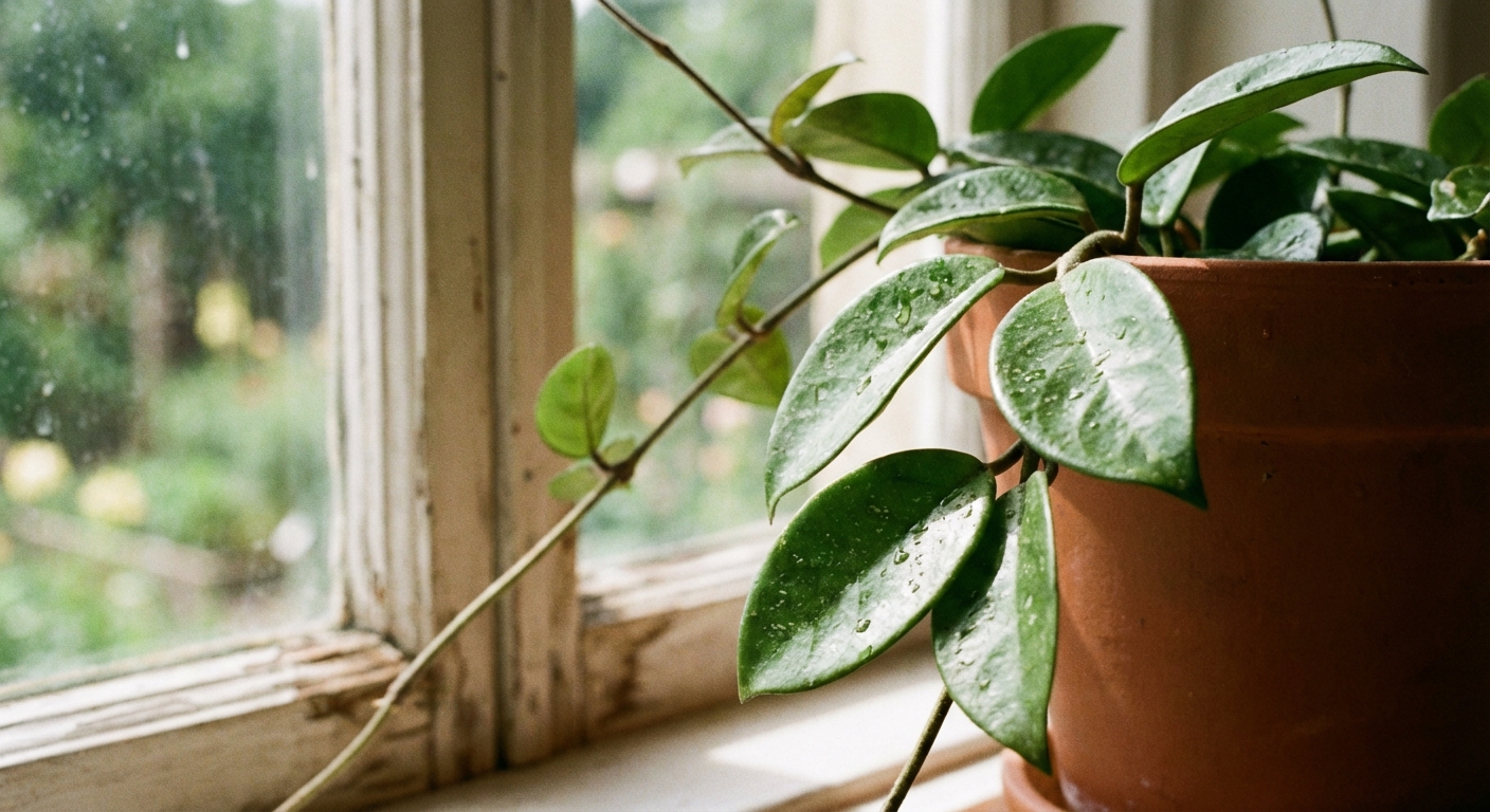 A trailing hoya vine hanging near a window with a few waxy leaves in focus